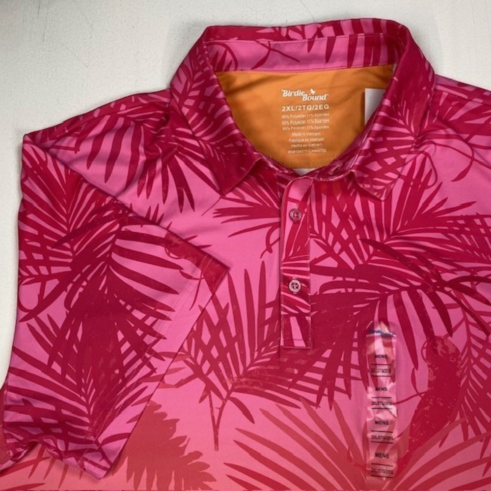 Birdie Bound Mens 2XL Pink Orange Ombre Tropical Palm Leaf Golf Polo Shirt NEW